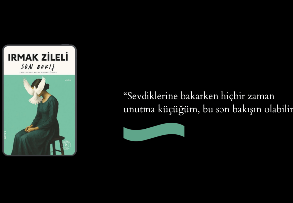 Smartphone-style mockup showing a book cover titled 'IRMAK ZİLELİ' with a woman in a teal dress and a white dove, on a black background with a Turkish quote to the right.