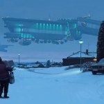 A person in a winter coat stands in a snow-covered suburban street, watching a large futuristic spaceship with glowing blue lights hovering overhead.