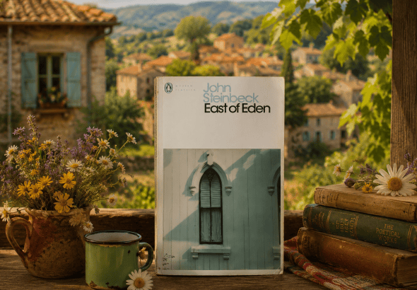 Copy of John Steinbeck's East of Eden standing on a rustic wooden table with a bouquet, mug, and vintage books in a sunlit countryside setting.