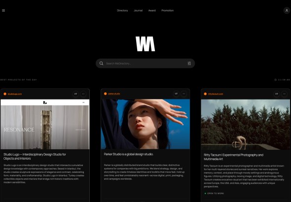 Homepage hero on a black site with a white W logo, top navigation, and a rounded search field; three project tiles below the fold.