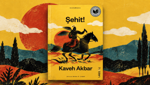 Book cover for Şehit! by Kaveh Akbar on a bright yellow background with a mounted warrior and a large red sun, plus a seal in the corner.