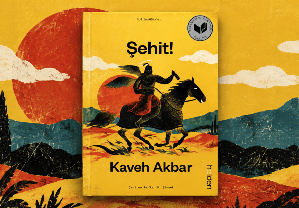 Book cover for Şehit! by Kaveh Akbar on a bright yellow background with a mounted warrior and a large red sun, plus a seal in the corner.