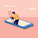 Person in an orange shirt climbs a ladder attached to a giant smartphone on a pink background.